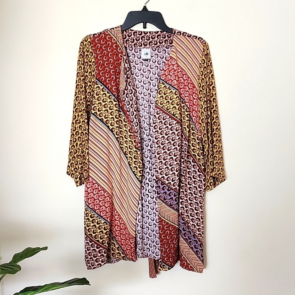 Cabi Mixed Media Open Front Cardigan Flare Sleeve 3/4 Length, Waist Tie, Floral
